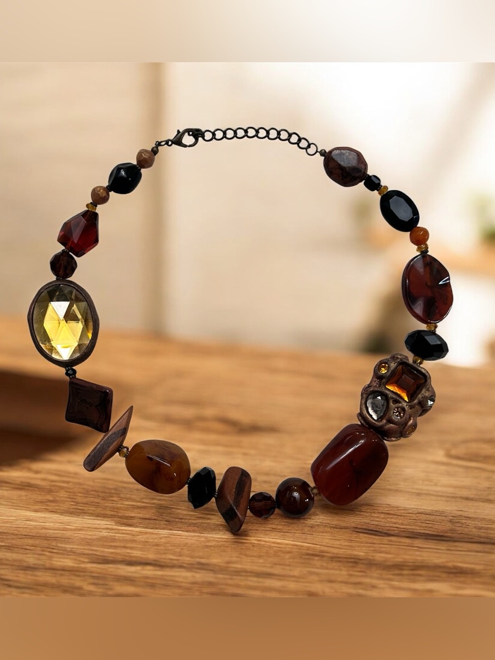 Vtg Chunky Brown Beaded Statement Necklace - Women Jewelry